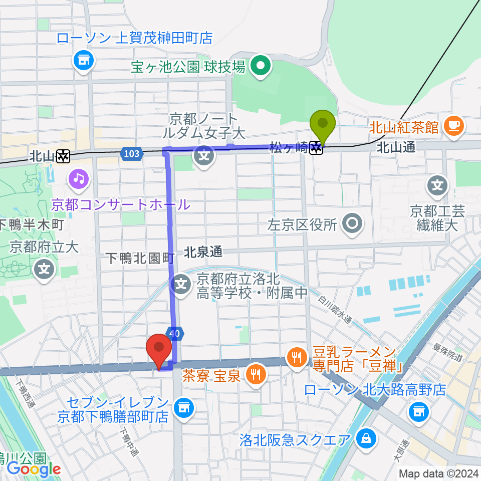 松ヶ崎駅から京都 月光堂楽器店へのルートマップ地図