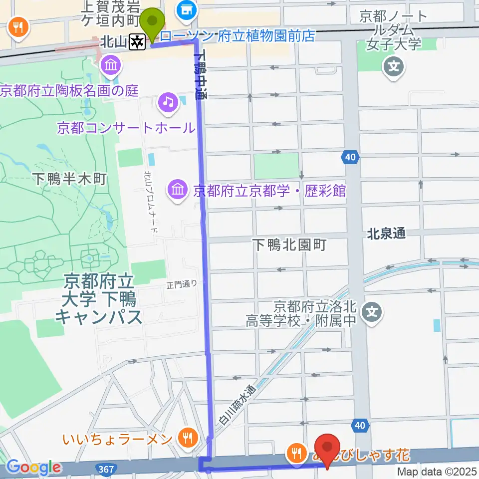 京都 月光堂楽器店の最寄駅北山駅からの徒歩ルート（約15分）地図