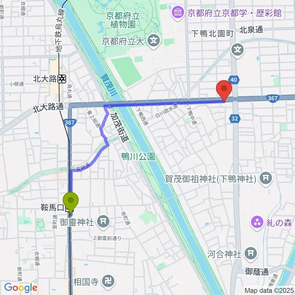 鞍馬口駅から京都 月光堂楽器店へのルートマップ地図