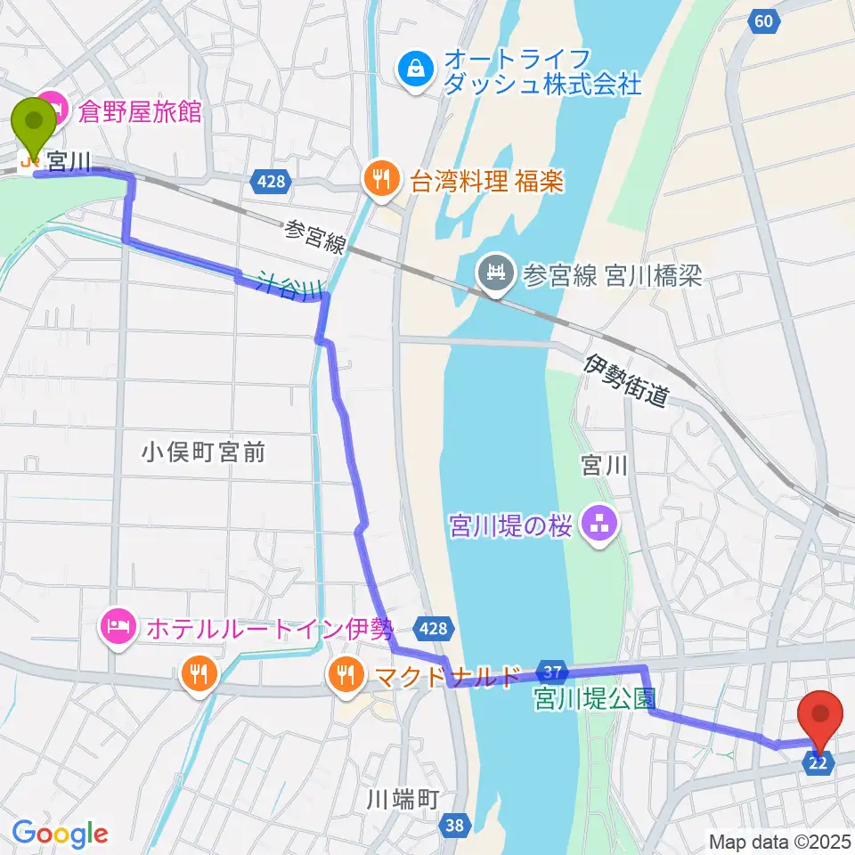 宮川駅からギターズランドへのルートマップ地図