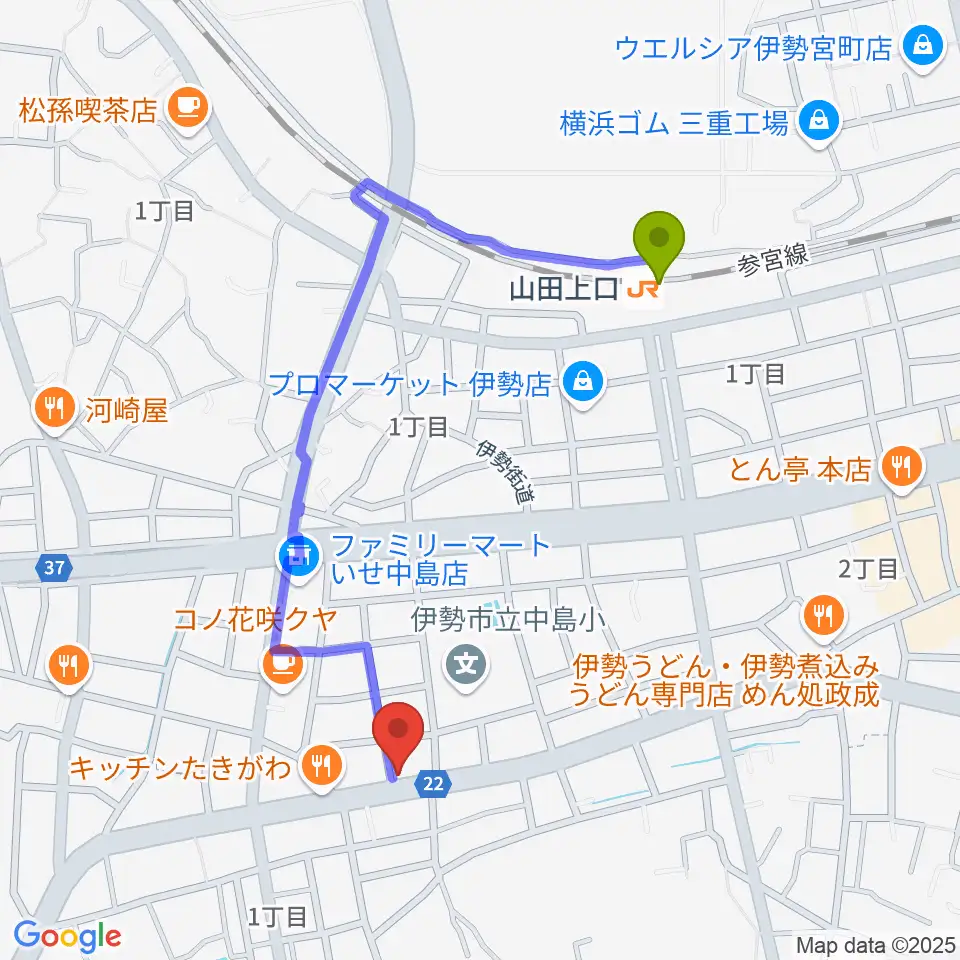 ギターズランドの最寄駅山田上口駅からの徒歩ルート（約9分）地図