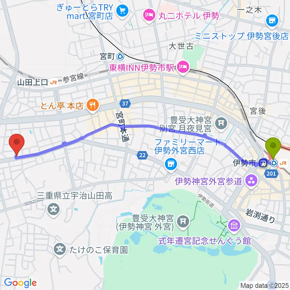 伊勢市駅からギターズランドへのルートマップ地図