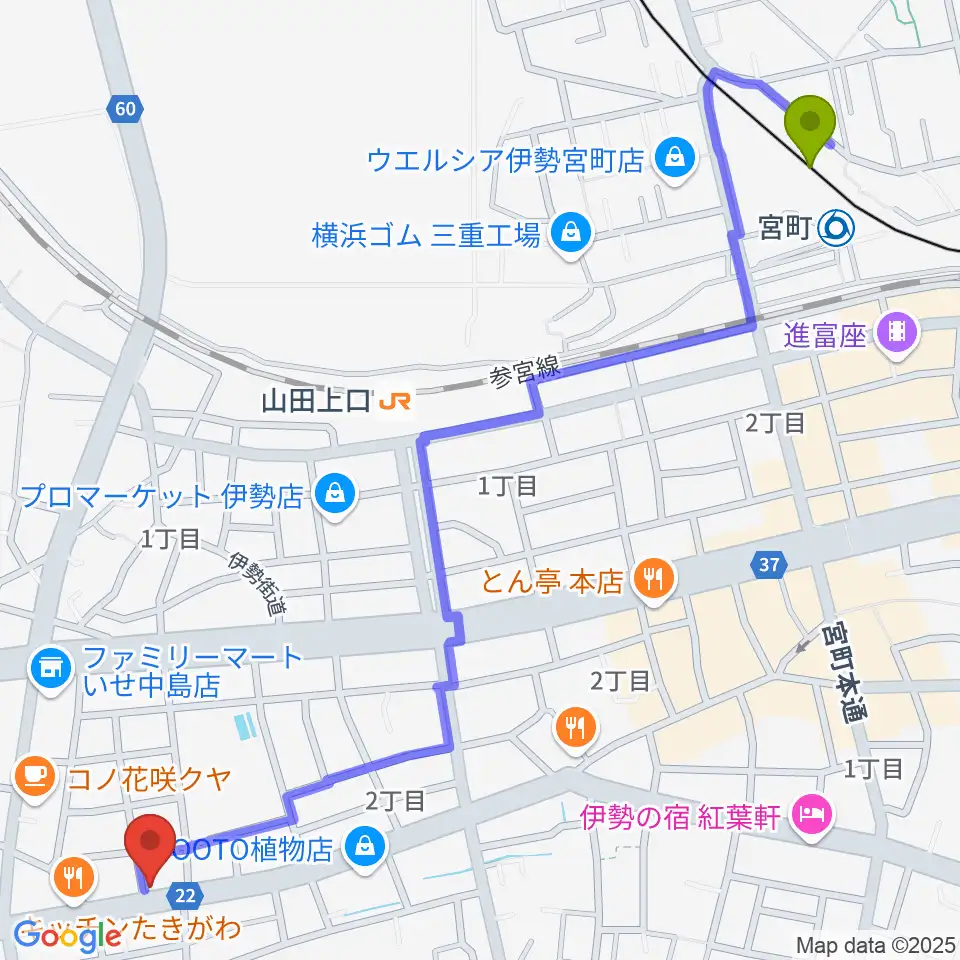 宮町駅からギターズランドへのルートマップ地図