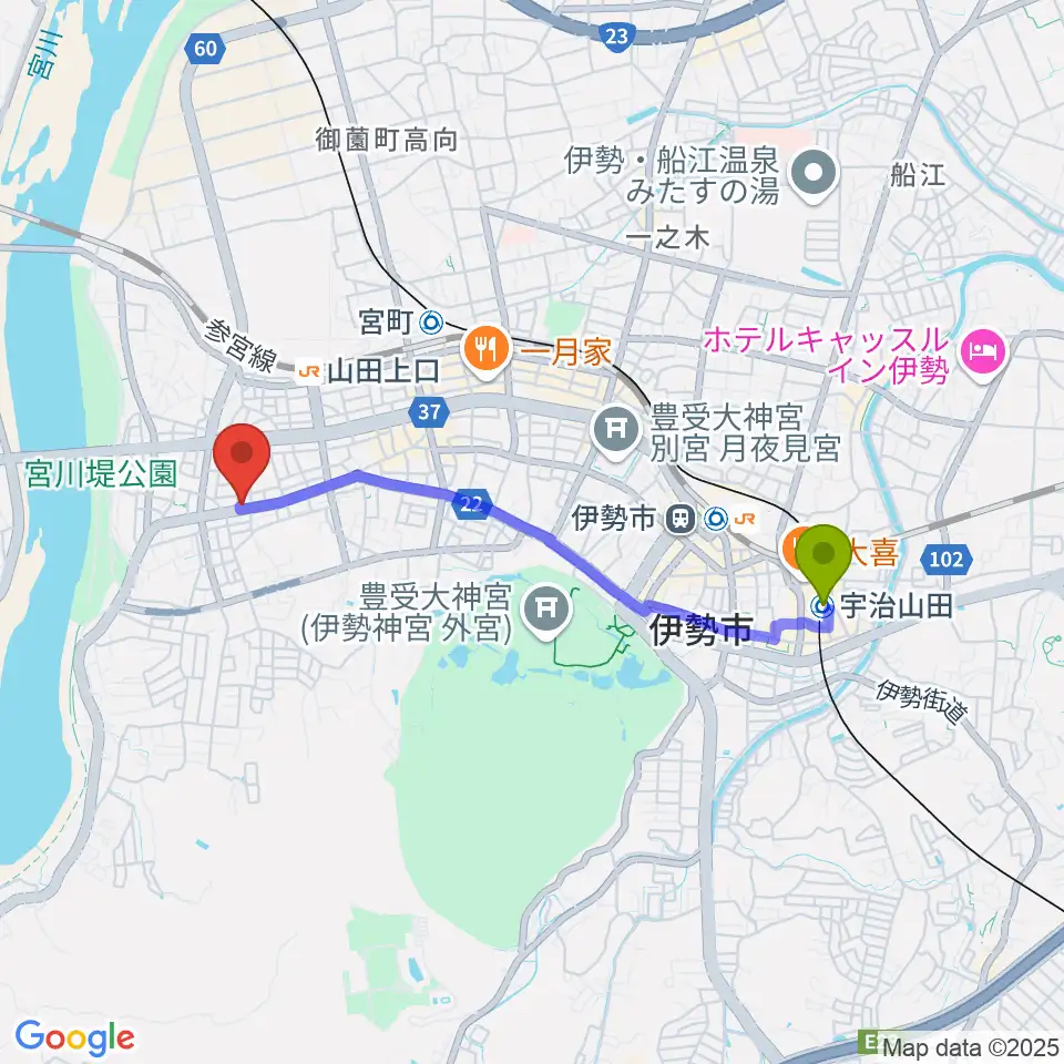 宇治山田駅からギターズランドへのルートマップ地図