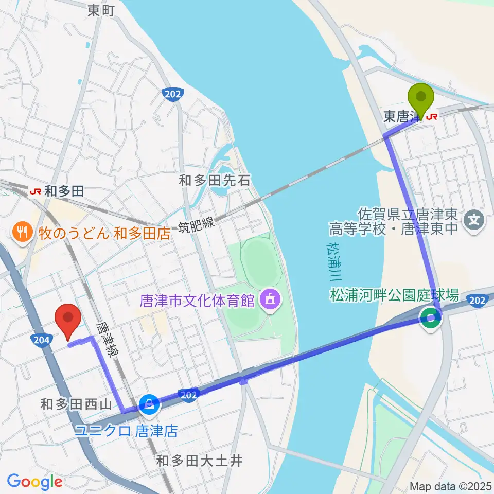 東唐津駅からミュージックサロン ハーモニーへのルートマップ地図