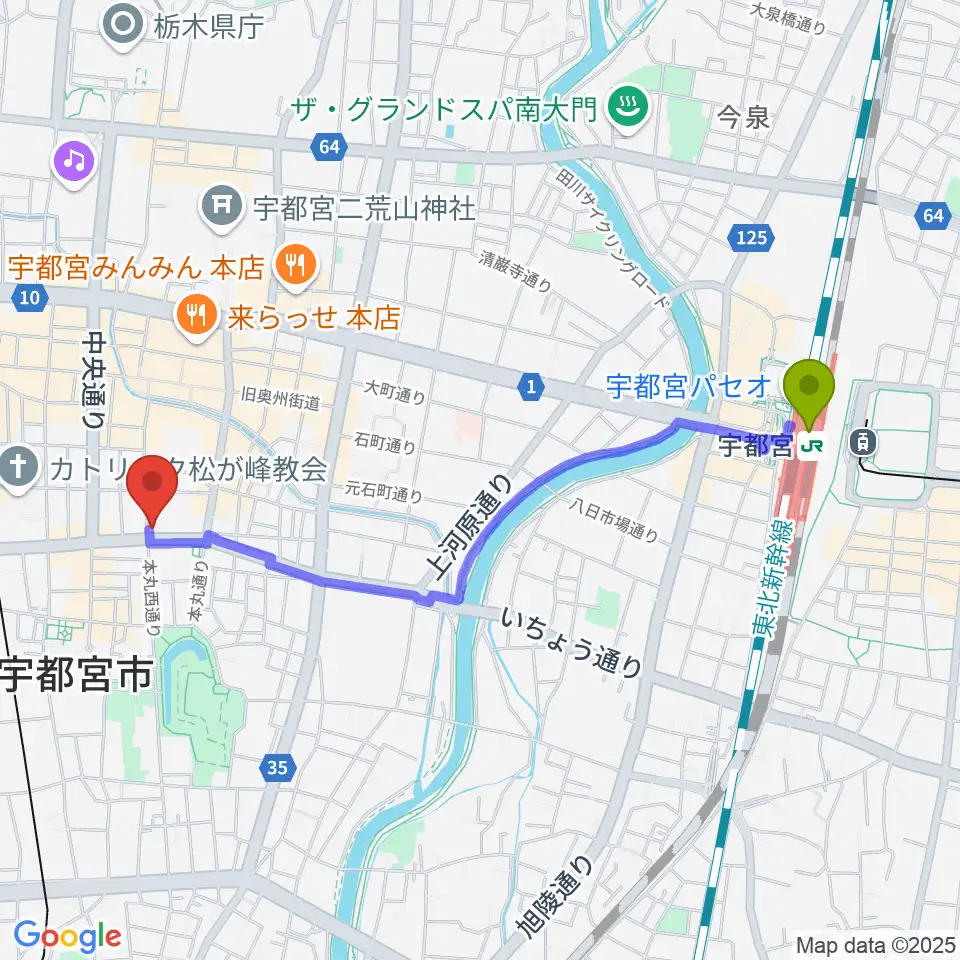 宇都宮駅から宇都宮ライナスへのルートマップ地図