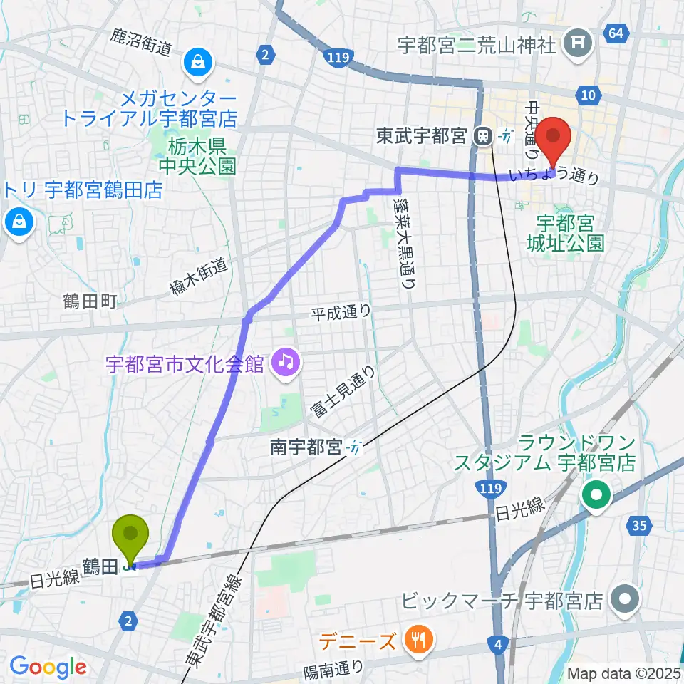 鶴田駅から宇都宮ライナスへのルートマップ地図