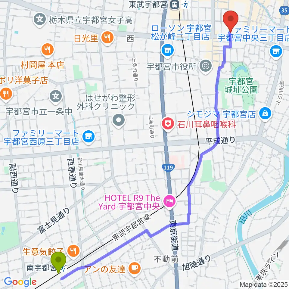 南宇都宮駅から宇都宮ライナスへのルートマップ地図