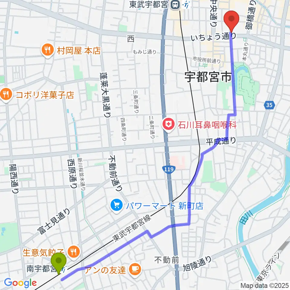 南宇都宮駅から宇都宮ライナスへのルートマップ地図