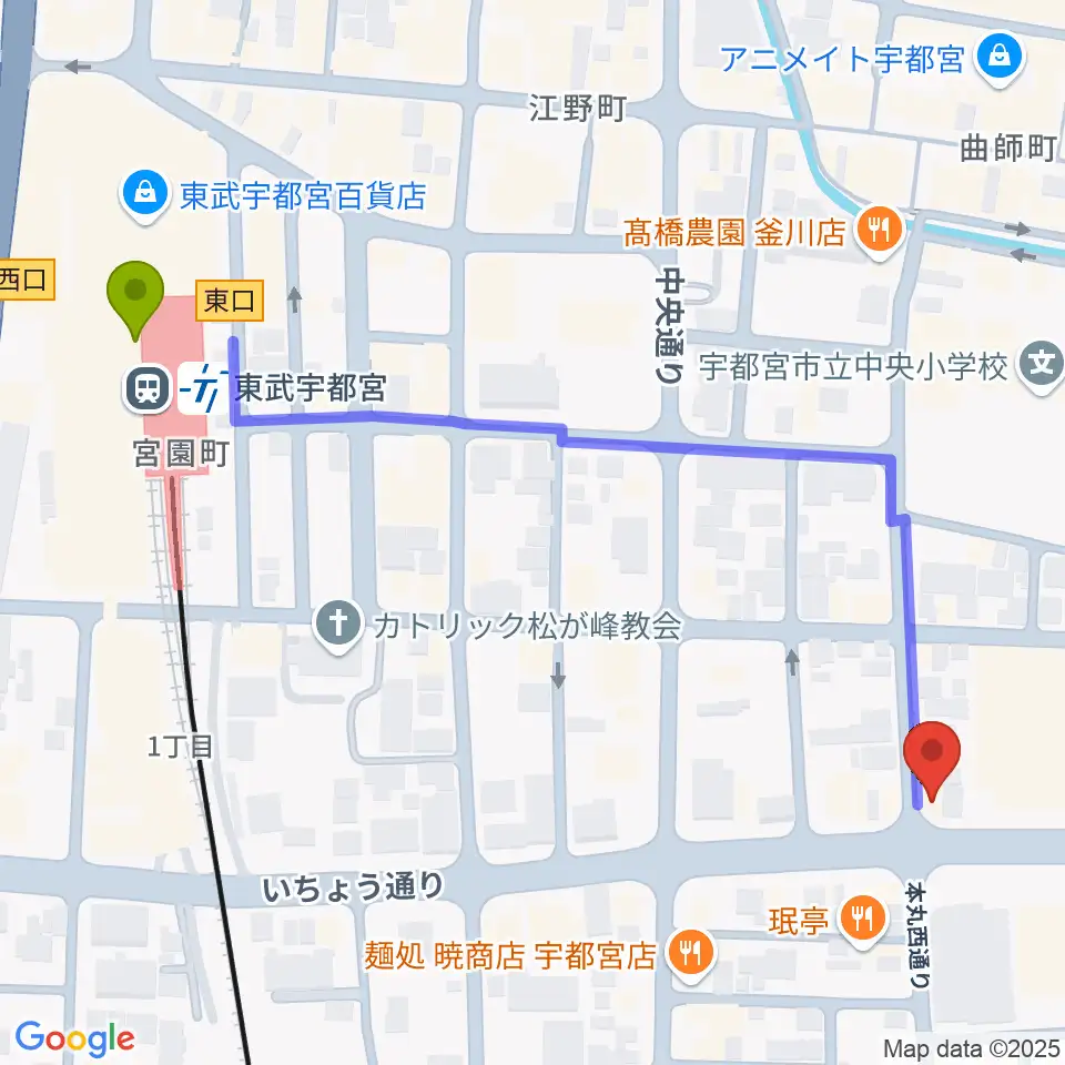 宇都宮ライナスの最寄駅東武宇都宮駅からの徒歩ルート（約7分）地図