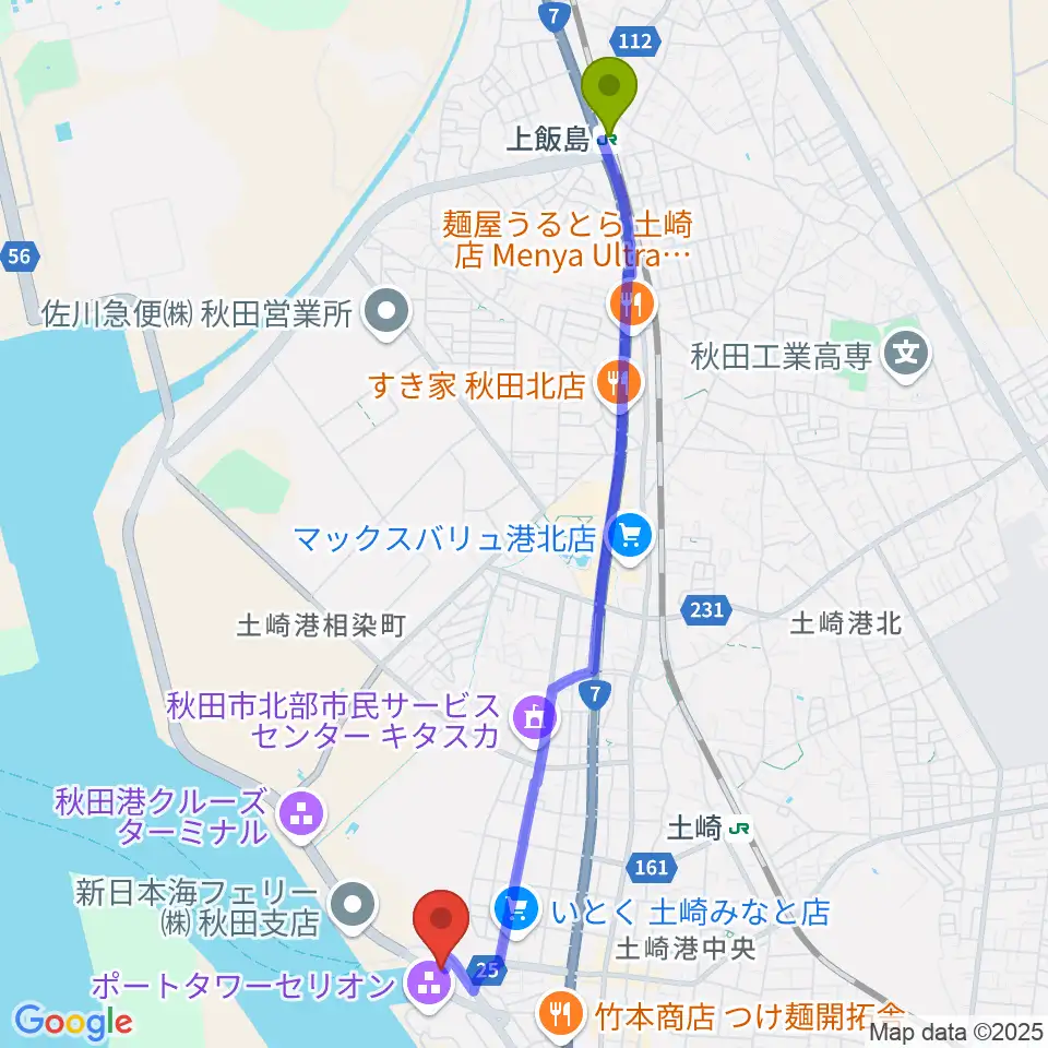 上飯島駅からメルズピアノサービスへのルートマップ地図