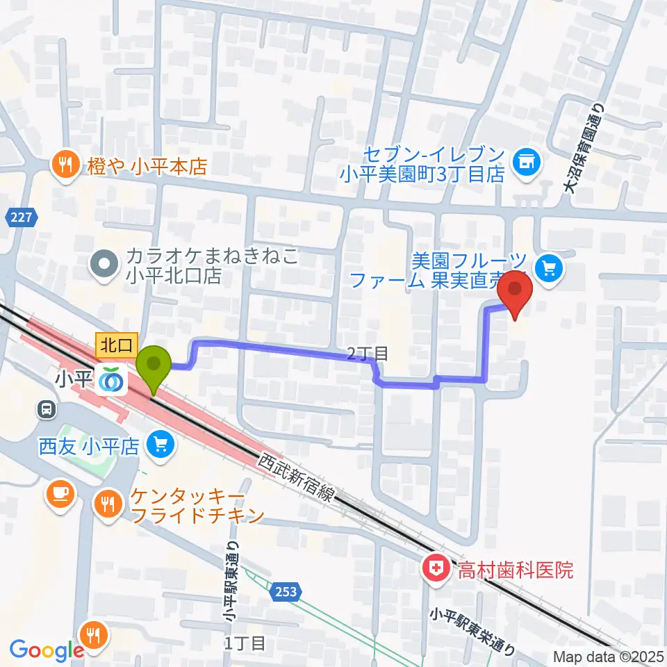 ギターのじゃべらぼうの最寄駅小平駅からの徒歩ルート（約4分）地図