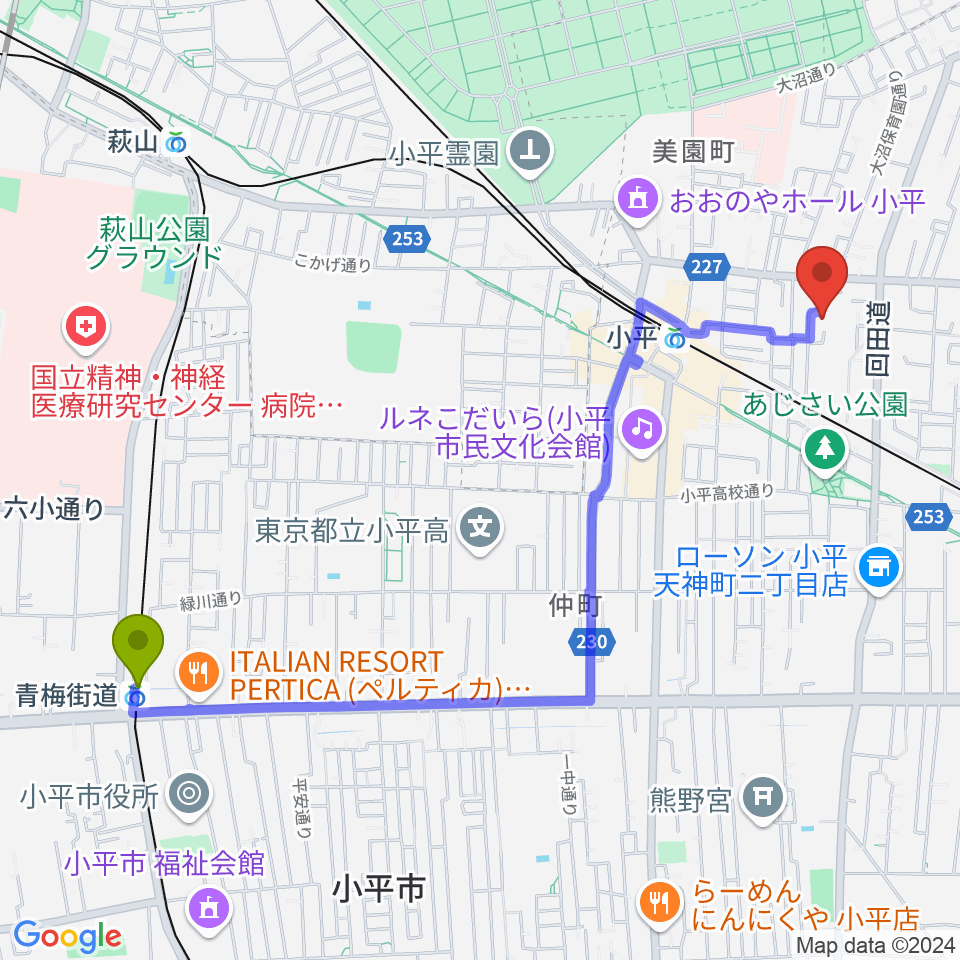 青梅街道駅からギターのじゃべらぼうへのルートマップ地図