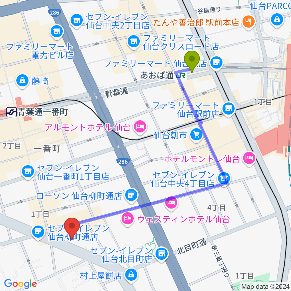 あおば通駅からサンリツ楽器 仙台本店へのルートマップ地図