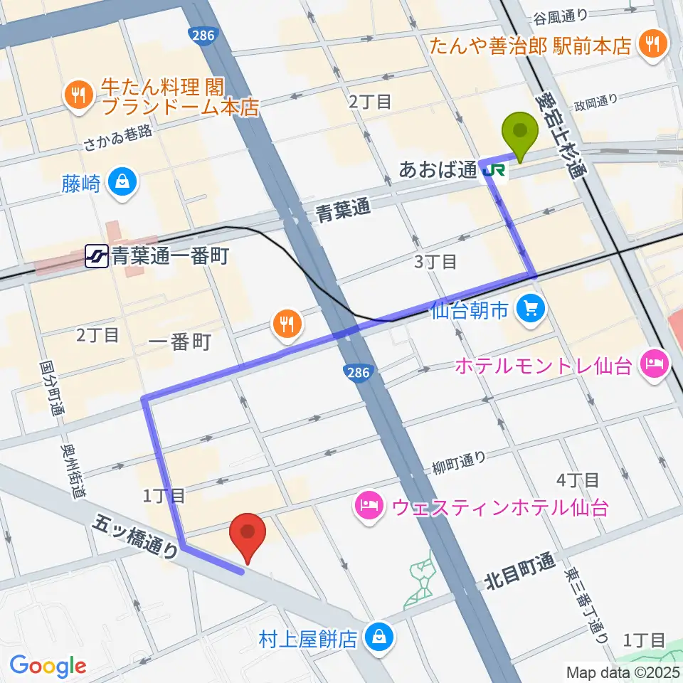 あおば通駅からサンリツ楽器へのルートマップ地図