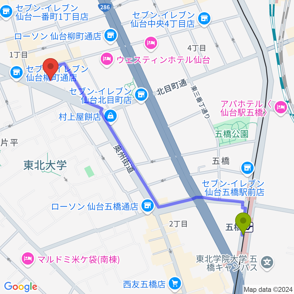 五橋駅からサンリツ楽器 仙台本店へのルートマップ地図