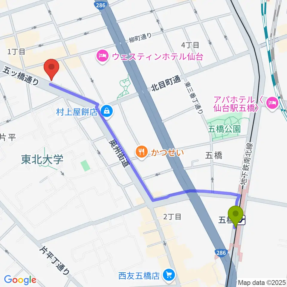 五橋駅からサンリツ楽器へのルートマップ地図