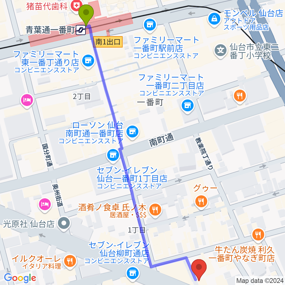 サンリツ楽器 仙台本店の最寄駅青葉通一番町駅からの徒歩ルート（約7分）地図