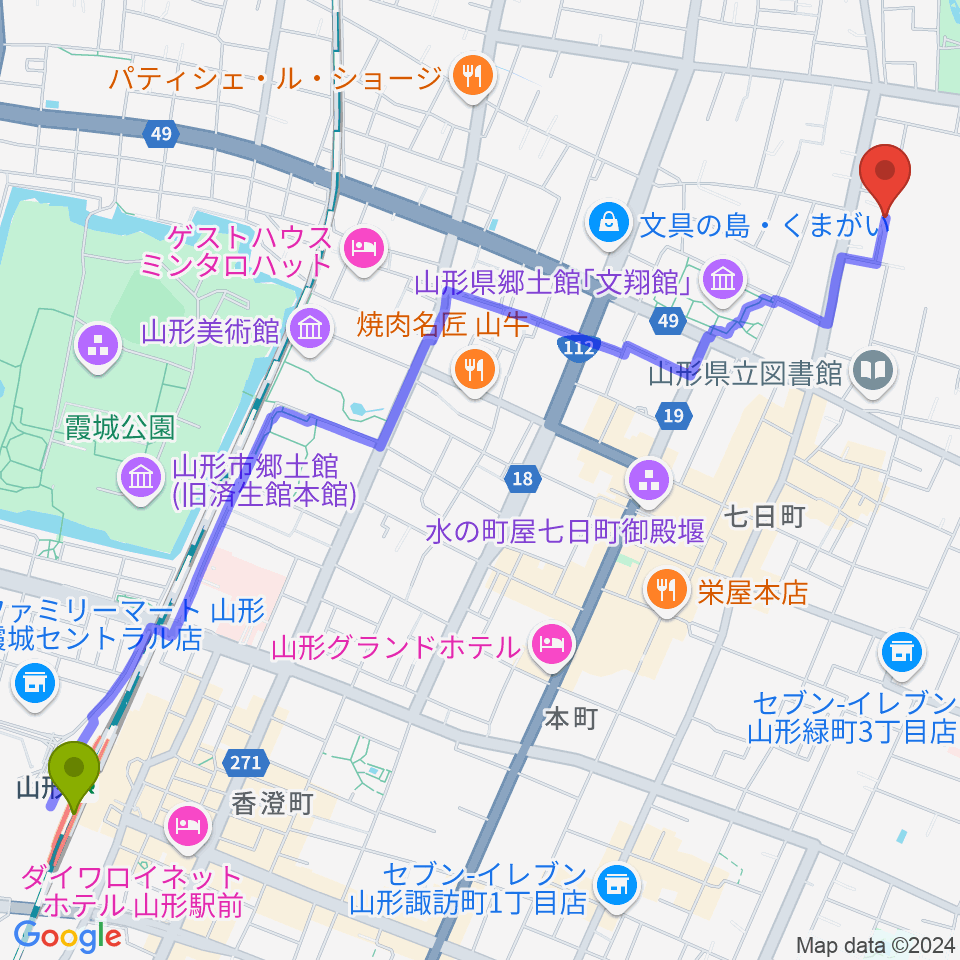 山形駅からミュージックロフト ピアノ教室へのルートマップ地図