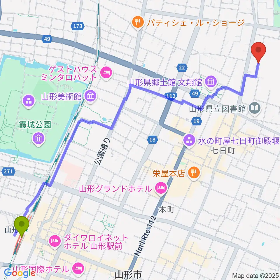 山形駅からミュージックロフトへのルートマップ地図
