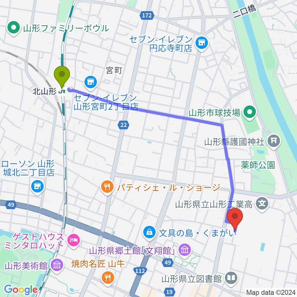 ミュージックロフト ピアノ教室の最寄駅北山形駅からの徒歩ルート（約23分）地図