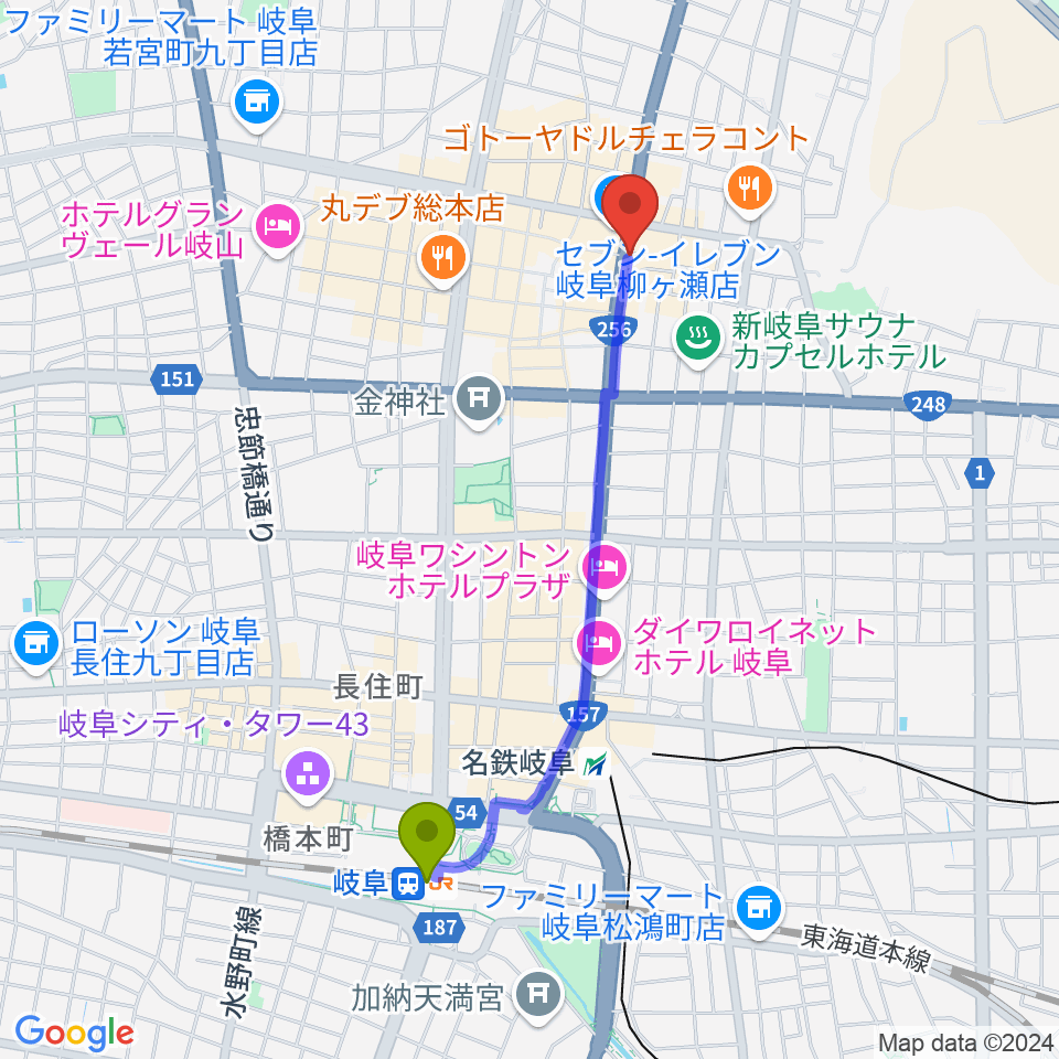 岐阜駅からオワリヤ楽器へのルートマップ地図