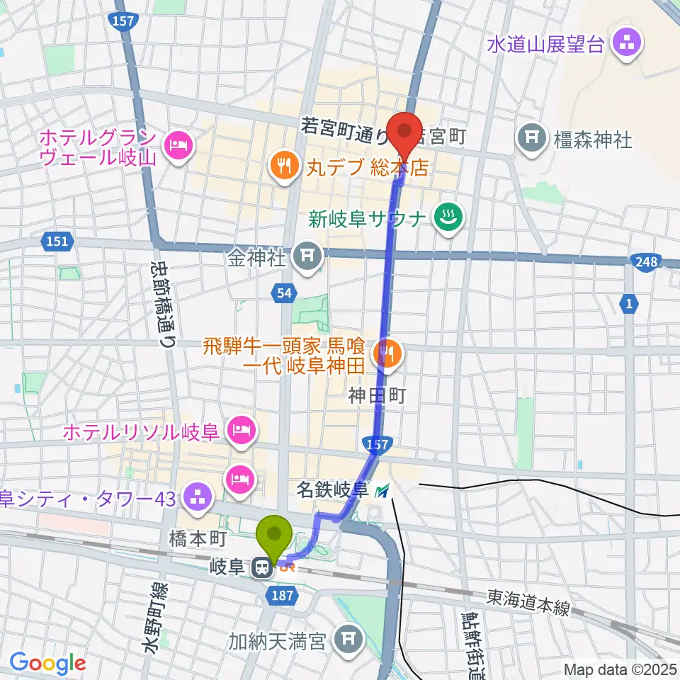 岐阜駅からオワリヤ楽器へのルートマップ地図