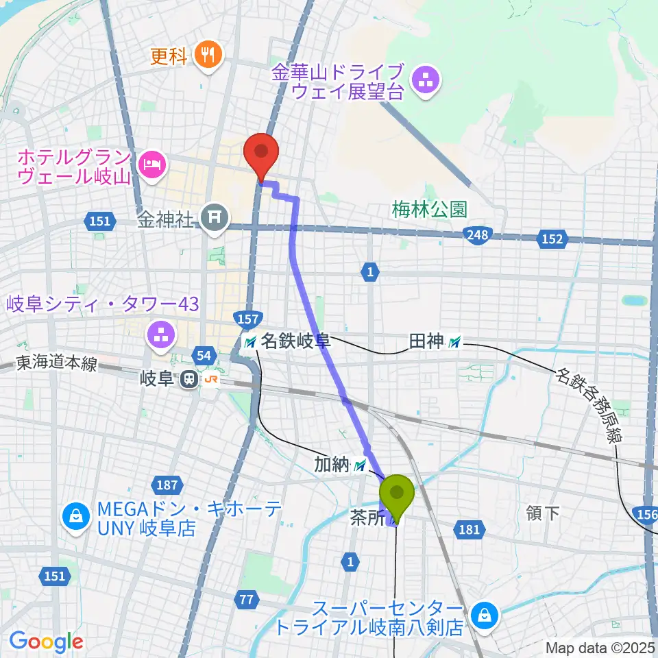 茶所駅からオワリヤ楽器へのルートマップ地図