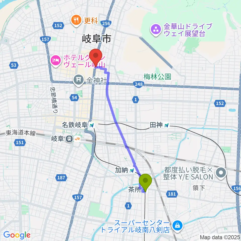 茶所駅からオワリヤ楽器へのルートマップ地図