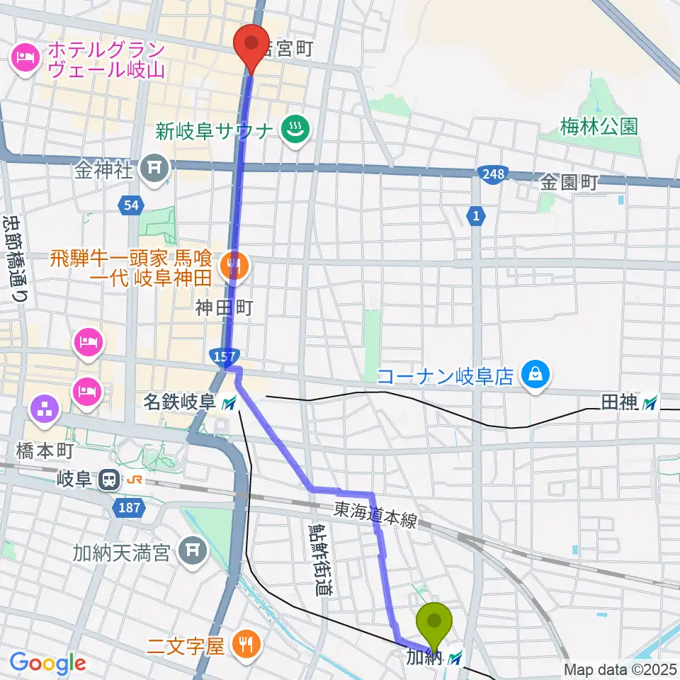 加納駅からオワリヤ楽器へのルートマップ地図