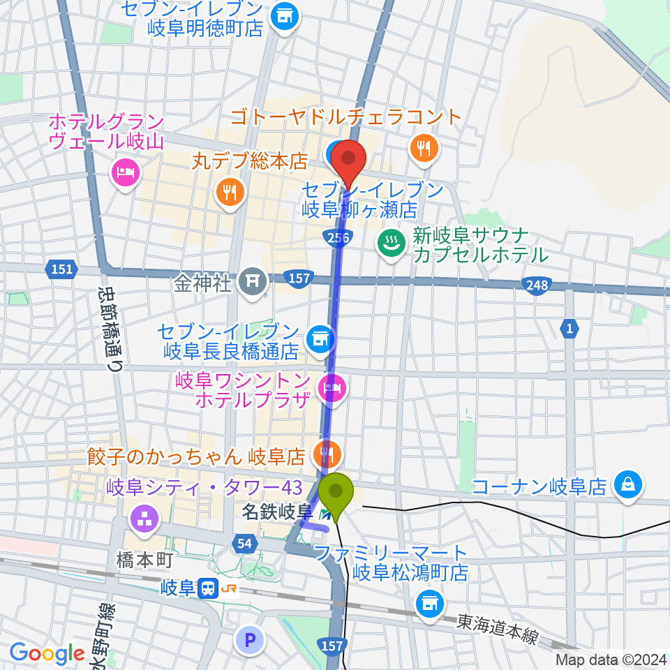 オワリヤ楽器の最寄駅名鉄岐阜駅からの徒歩ルート（約15分）地図