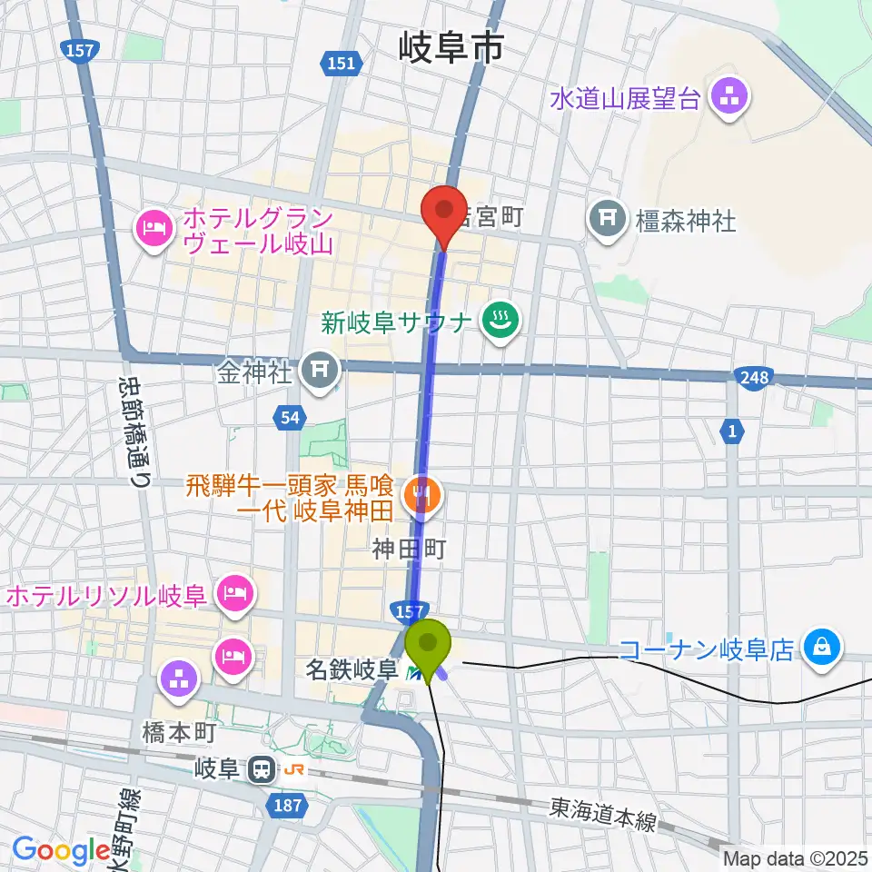 オワリヤ楽器の最寄駅名鉄岐阜駅からの徒歩ルート（約15分）地図