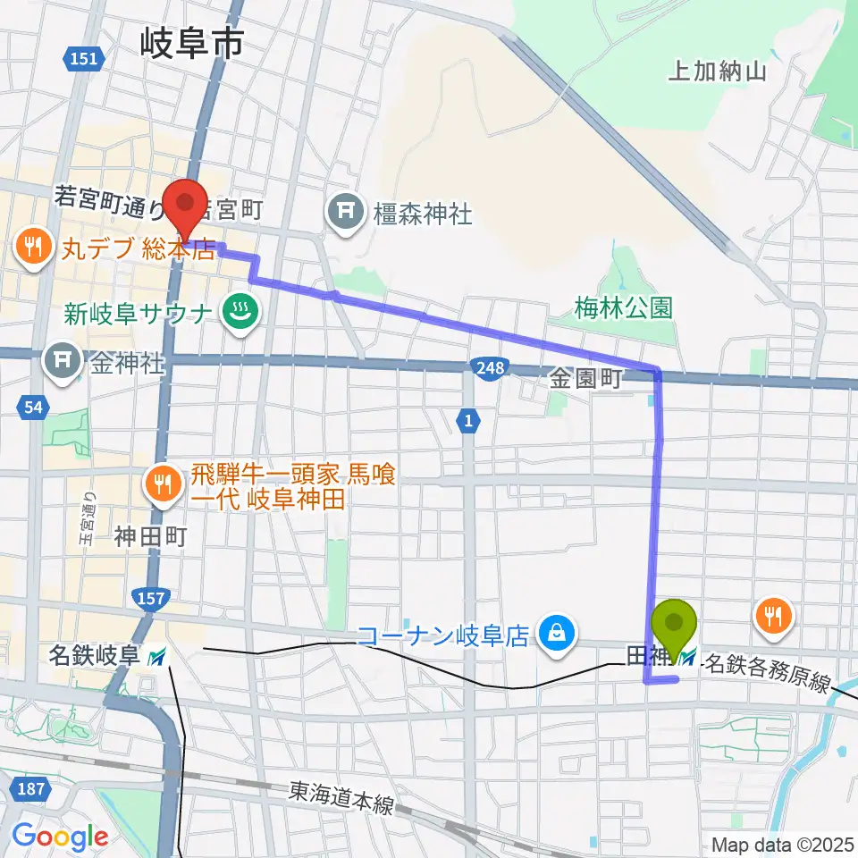 田神駅からオワリヤ楽器へのルートマップ地図