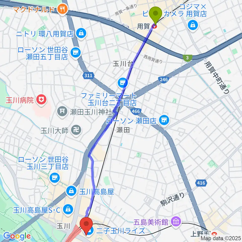 用賀駅から島村楽器 二子玉川ライズ・ショッピングセンター店へのルートマップ地図