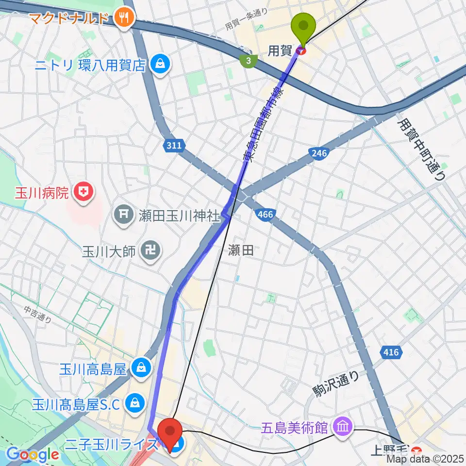 用賀駅から島村楽器 二子玉川ライズ・ショッピングセンター店へのルートマップ地図