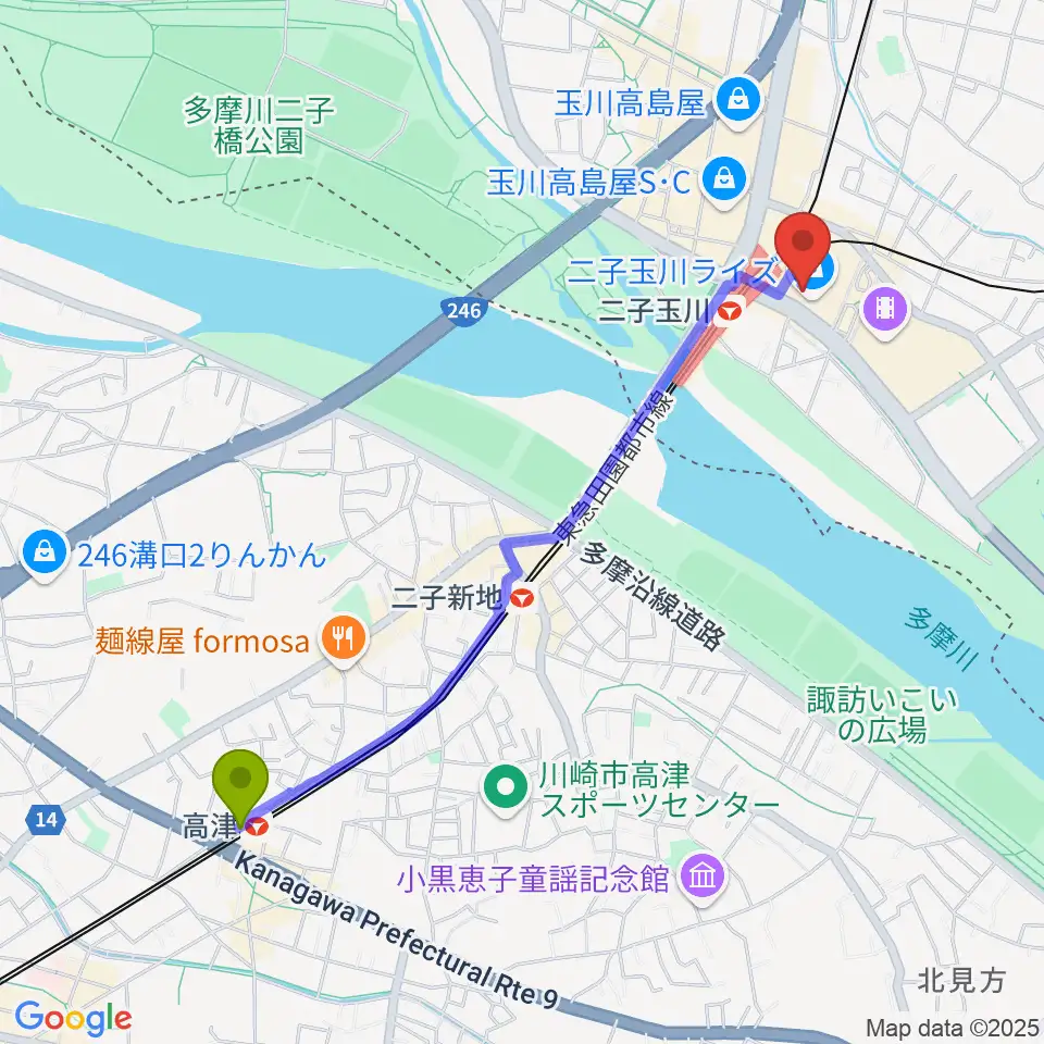 高津駅から島村楽器 二子玉川ライズ・ショッピングセンター店へのルートマップ地図