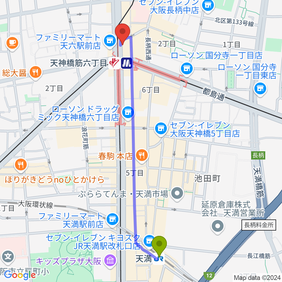 天満駅からさんしんや とぅるるんてんへのルートマップ地図