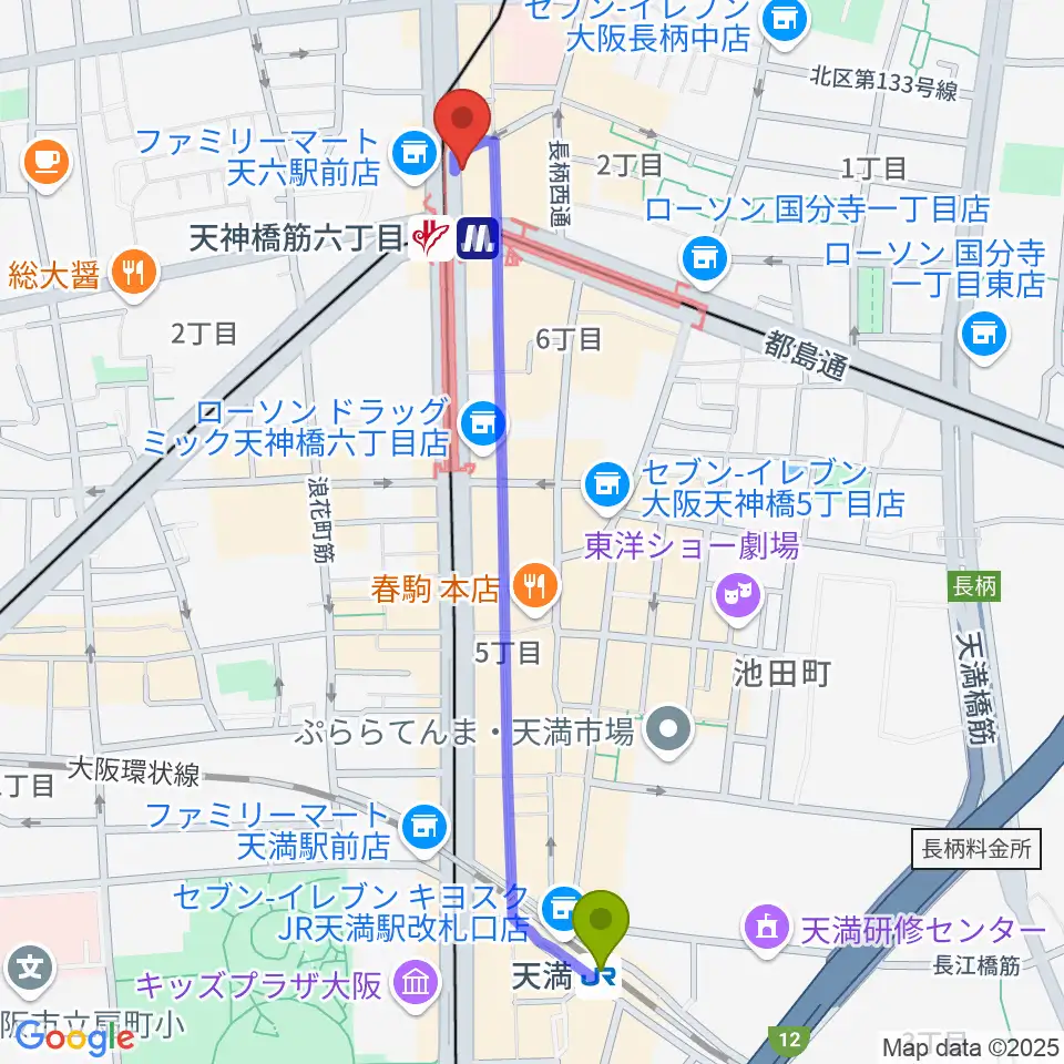 天満駅からさんしんや とぅるるんてんへのルートマップ地図