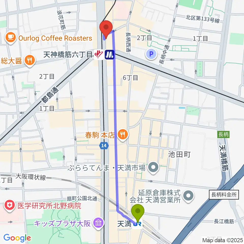 天満駅からさんしんや とぅるるんてんへのルートマップ地図