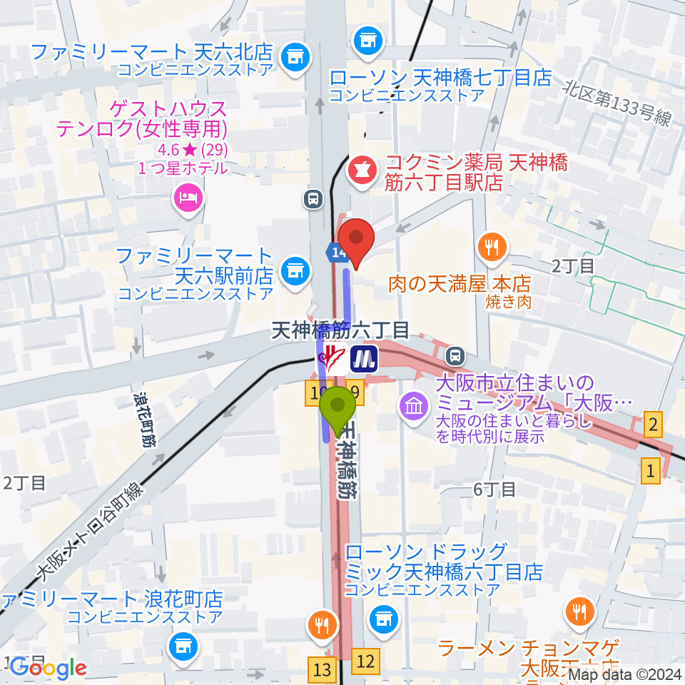 さんしんや とぅるるんてんの最寄駅天神橋筋六丁目駅からの徒歩ルート（約2分）地図