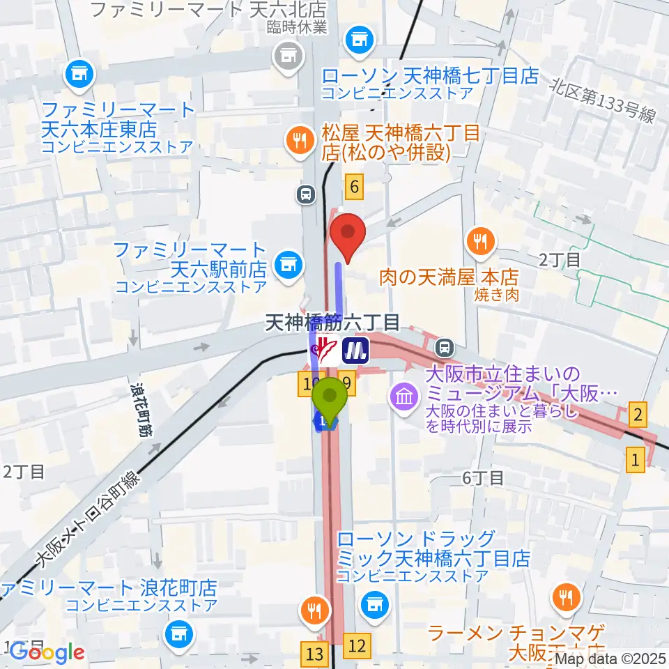 さんしんや とぅるるんてんの最寄駅天神橋筋六丁目駅からの徒歩ルート（約2分）地図