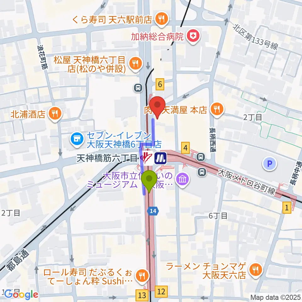 さんしんや とぅるるんてんの最寄駅天神橋筋六丁目駅からの徒歩ルート（約2分）地図