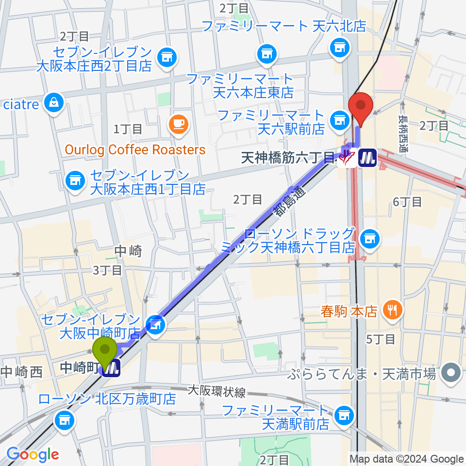 中崎町駅からさんしんや とぅるるんてんへのルートマップ地図