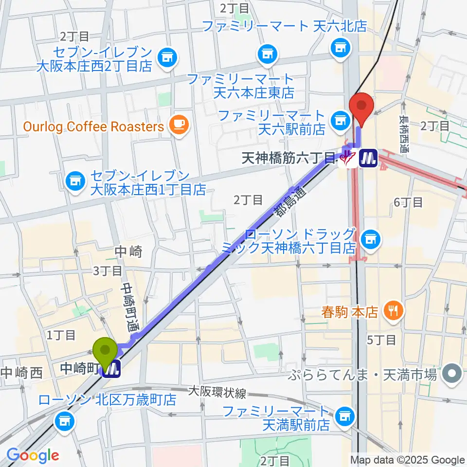 中崎町駅からさんしんや とぅるるんてんへのルートマップ地図