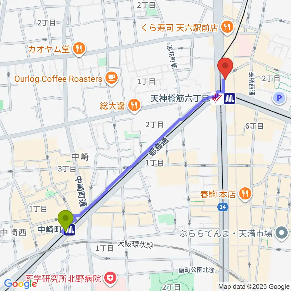 中崎町駅からさんしんや とぅるるんてんへのルートマップ地図