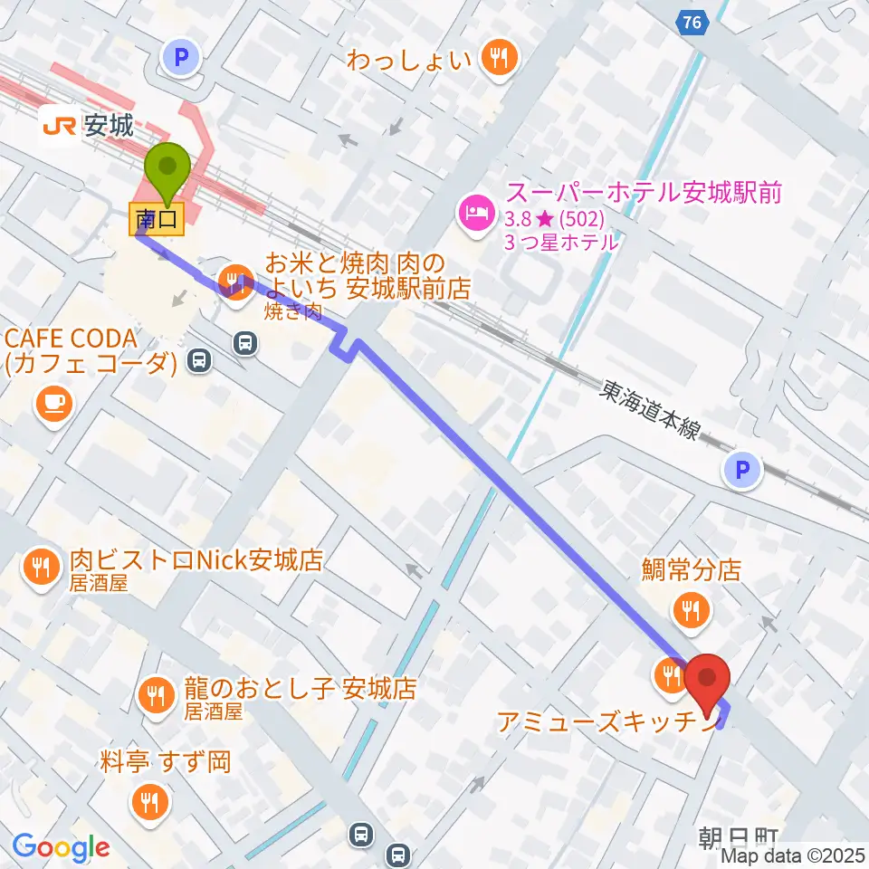 ツルタ楽器の最寄駅安城駅からの徒歩ルート（約7分）地図