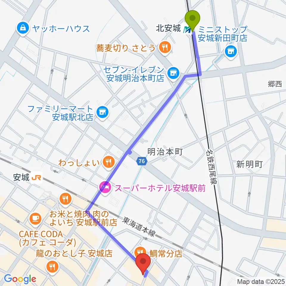 北安城駅からツルタ楽器へのルートマップ地図