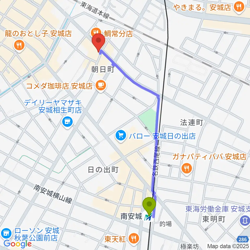 南安城駅からツルタ楽器へのルートマップ地図