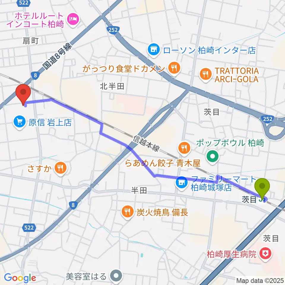 茨目駅からわたじん楽器 柏崎本店ララフィへのルートマップ地図
