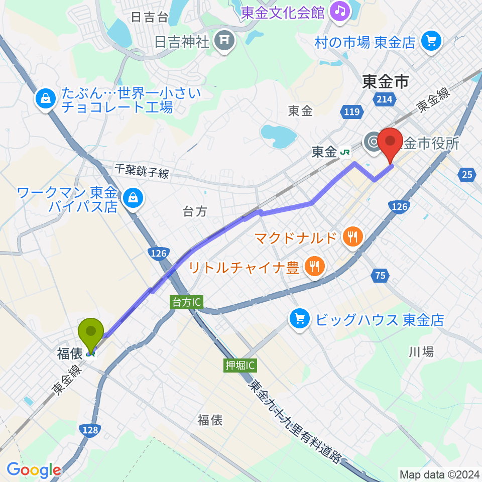 福俵駅からWAVE1へのルートマップ地図